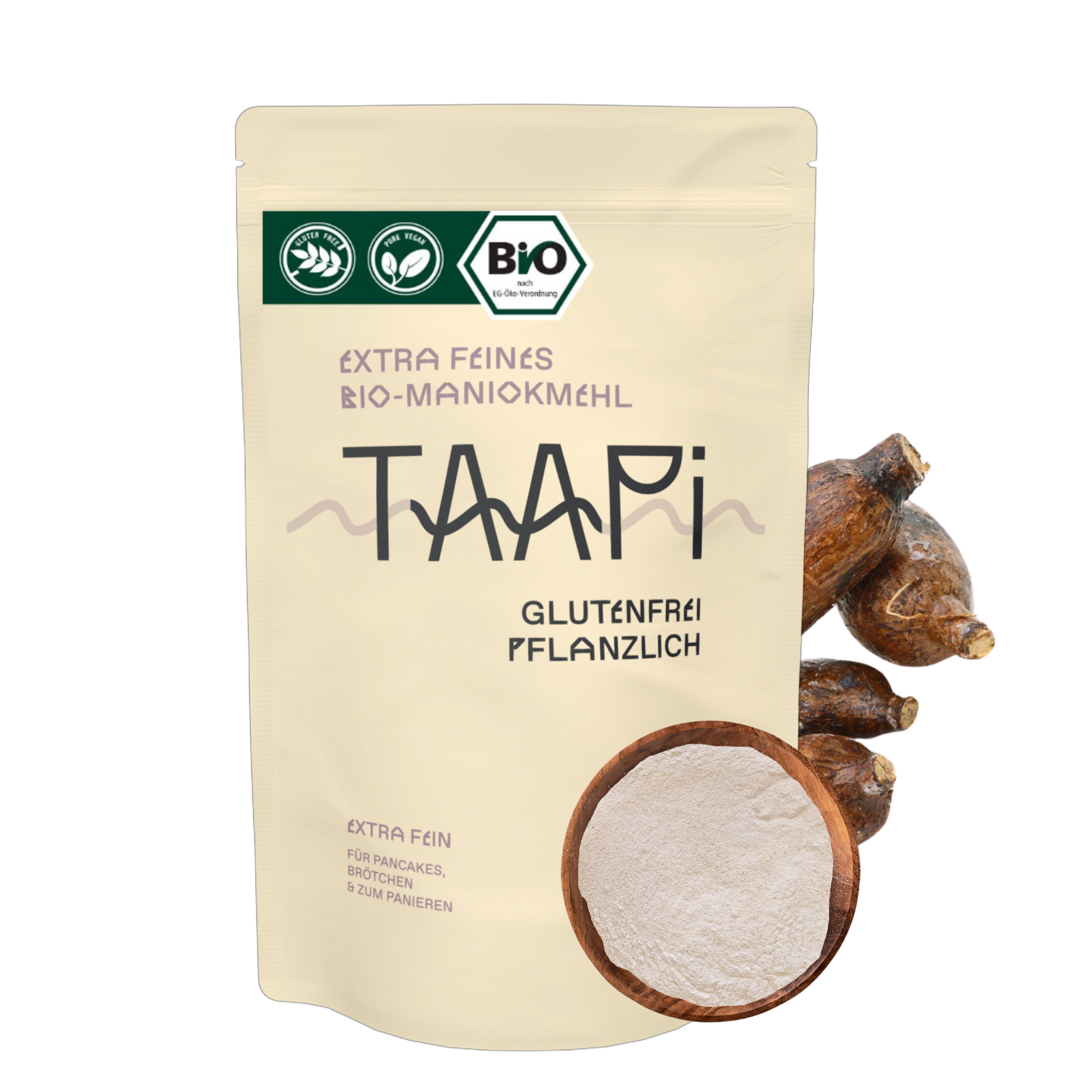 Maniokmehl aus der Maniokwurzel, auch als Tapiokamehl bekannt, in der brasilianischen Küche beliebt zum glutenfreien Backen und Kochen. Perfekte Alternative zu herkömmlichem Mehl für glutenfreie Rezepte.
