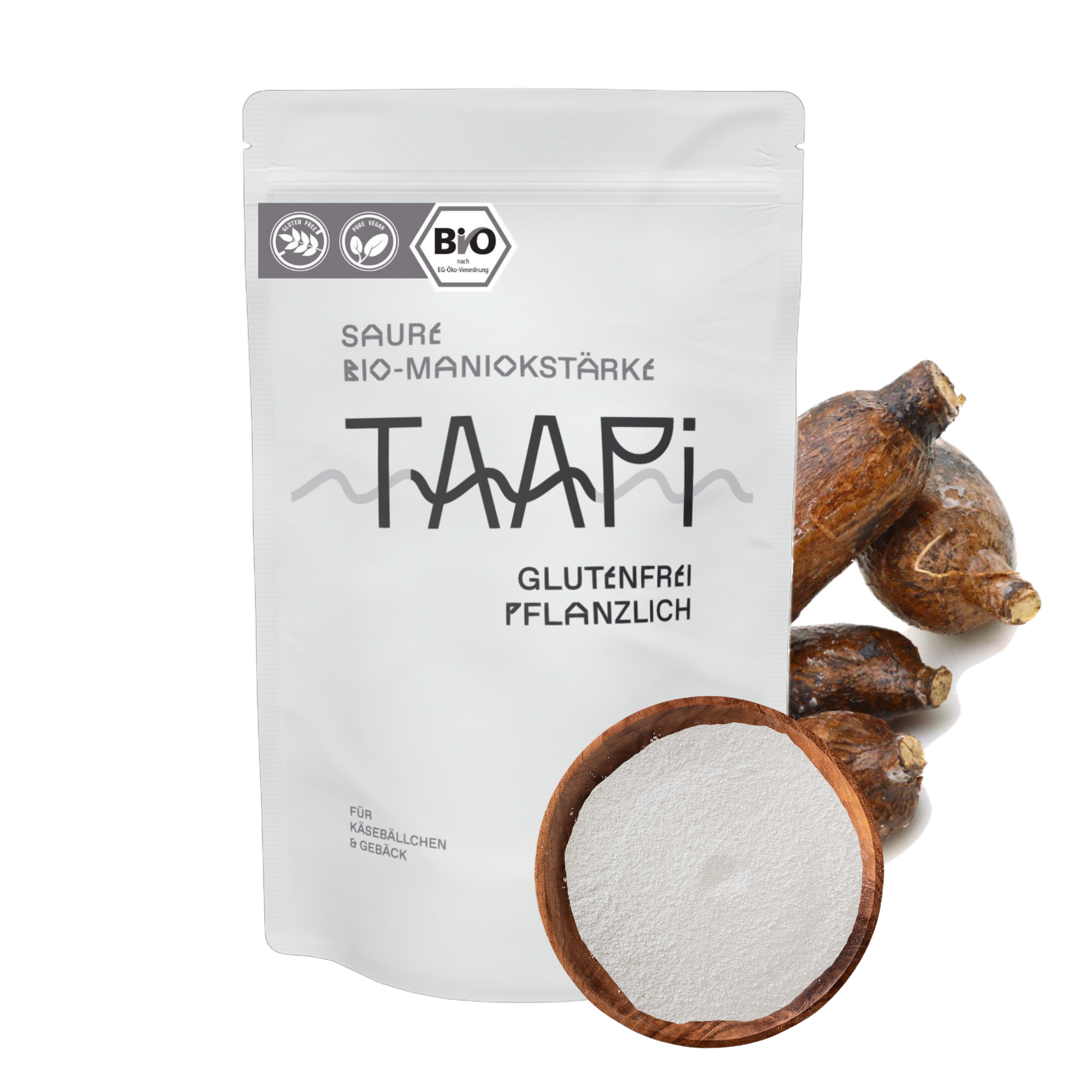 Saure Tapiokastärke in weißem Pulver, glutenfrei und ideal für vielseitige Rezepte wie glutenfreies Gebäck und knusprige Teige, fermentiert aus der Maniokwurzel. Perfekt für gesundheitsbewusste Ernährung und natürliche Backtriebmittel. Auf dem Bild ist ein Standbodenbeutel mit der Aufschrift 'Biologische Maniokstärke, glutenfrei, nachhaltig', sowie eine Schale mit Tapiokastärke und eine Maniokwurzel, aus der die Stärke gewonnen wird.
