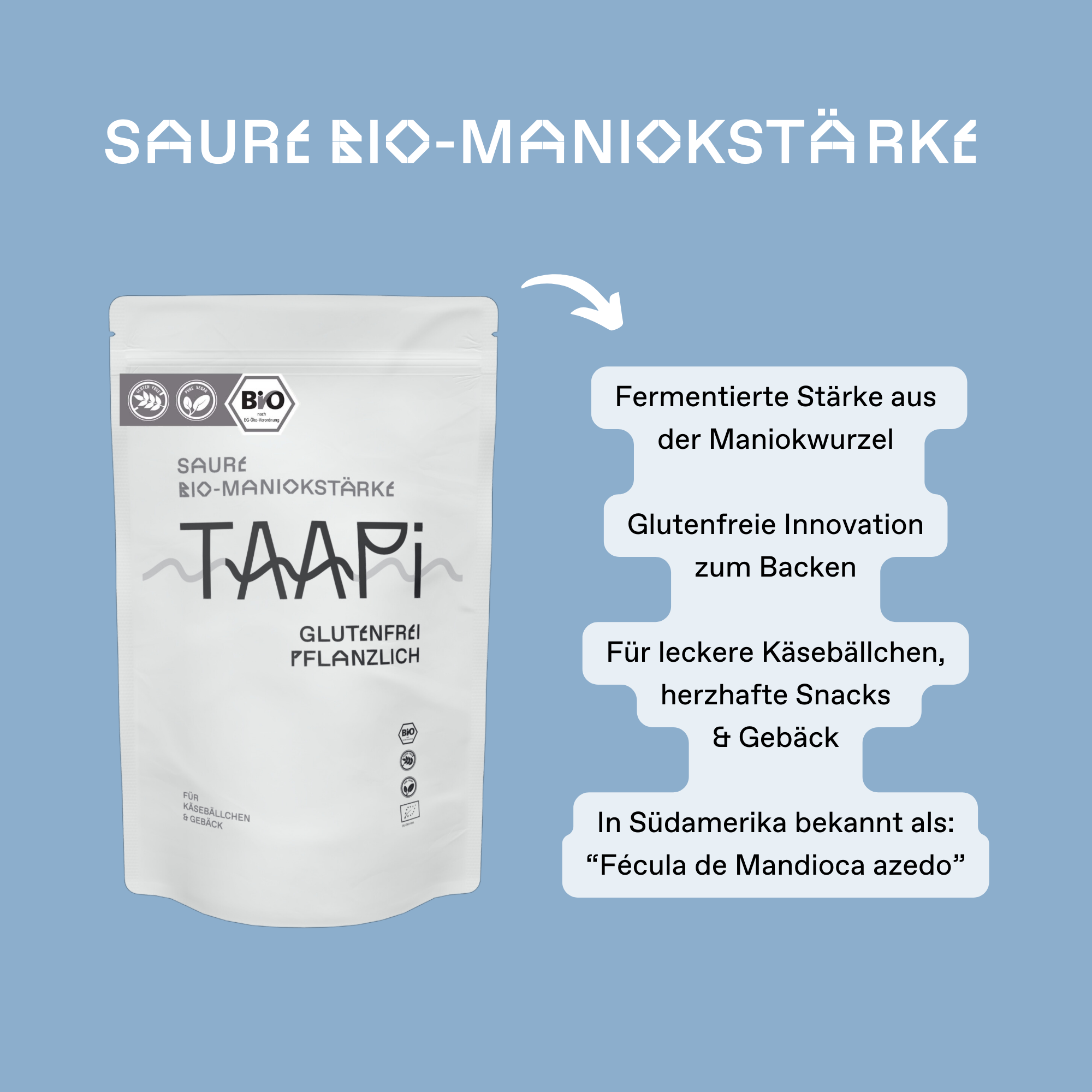 Die fermentierte Stärke aus der Maniokwurzel auch Tapiokastärke gennant. Tapioka ist die glutenfreie Innovation in Deutschland zum Backen. Für leckere Käsebällchen, herzhafte Snacks & Gebäck. In Südamerika die die saure Tapiokastärke auch bekannt als "Fécula de Mandioca azedo".