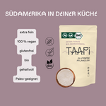 Das Bio-Maniokmehl von TAAPi ist extra fein und 100% vegan. Maniokmehl auch Tapiokamehl von TAAPi ist gluten frei, zudem ist das extra feine Maniokmehl bio, sehr gehaltvoll und paleo geeignet.